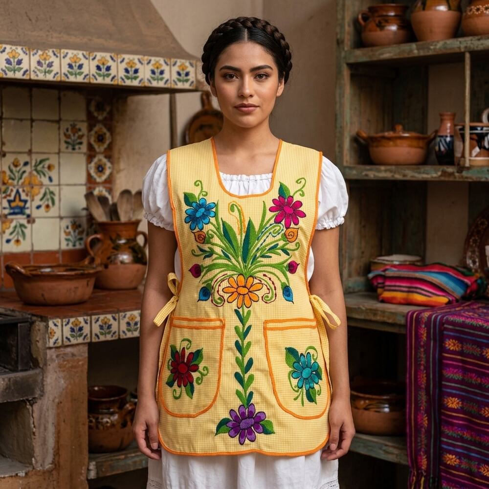 Mexican Embroidered Smock Apron – Floral Traditional Design 28 X 19 IN